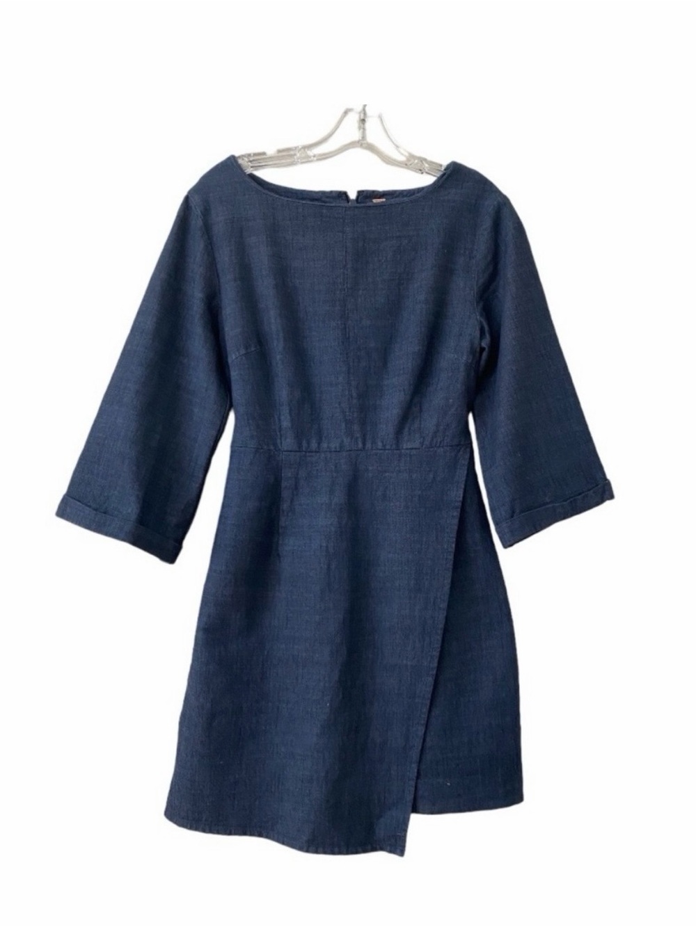 Free People Blue Denim 3/4 Bell Sleeve Round Neck Faux Wrap Dress